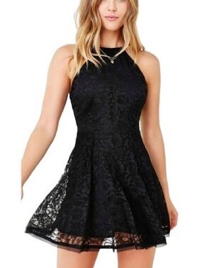 Xscape Black Velvet Floral Lace Halter Fit & Flare Mini Dress